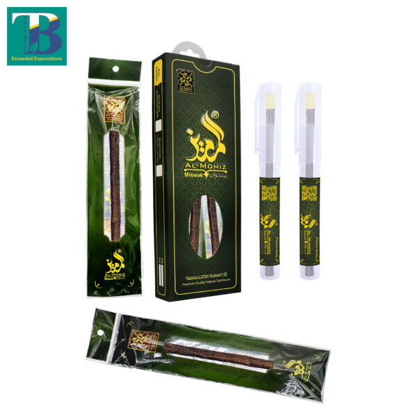 Two natural olive miswak sticks with transparent plastic holders for oral hygiene and traditional teeth cleaning.
