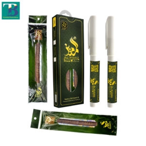 Two thick natural miswak sticks with two plastic holders for hygiene and storage