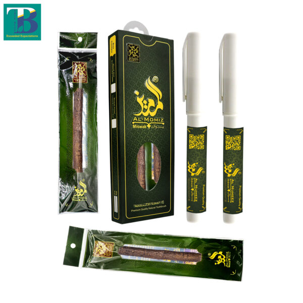 Two thick natural miswak sticks with two plastic holders for hygiene and storage