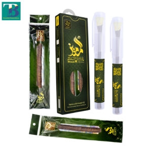 Two thick olive Miswak sticks with reusable plastic holders for natural oral care.