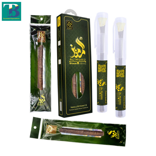 Two thick olive Miswak sticks with reusable plastic holders for natural oral care.