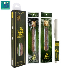 Two thick olive miswak sticks with plastic holder for natural teeth cleaning and oral hygiene.