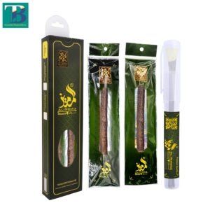 Two thick olive wood miswaks with protective plastic holders for natural teeth cleaning and oral hygiene.