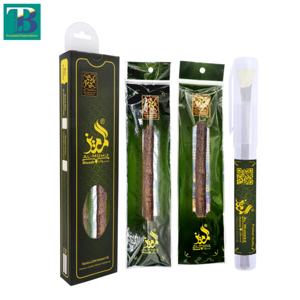 Two thick olive wood miswaks with protective plastic holders for natural teeth cleaning and oral hygiene.