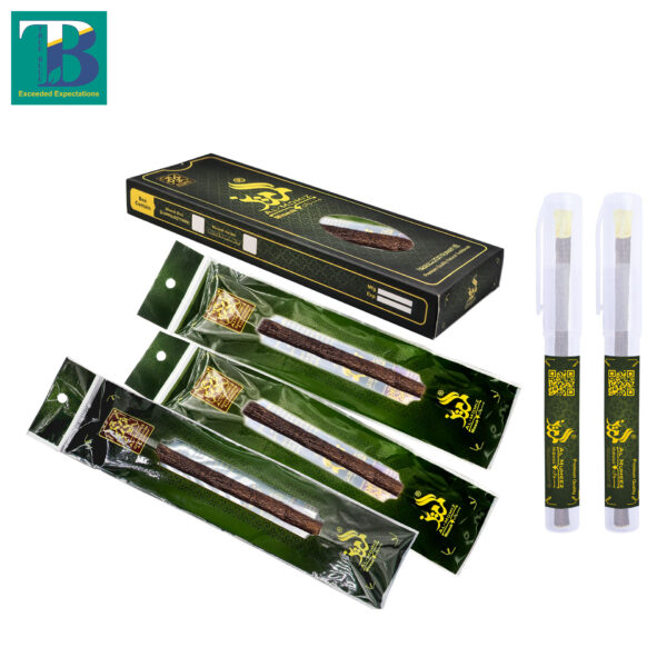 Three natural olive miswak sticks with two reusable plastic holders for oral hygiene and traditional teeth cleaning.