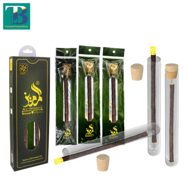 3 premium olive miswak sticks with glass holders for natural oral care and Islamic Sunnah practice.