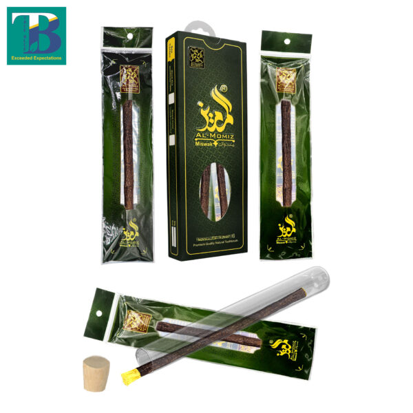 Three natural olive miswak sticks with elegant glass holder for oral hygiene and teeth whitening