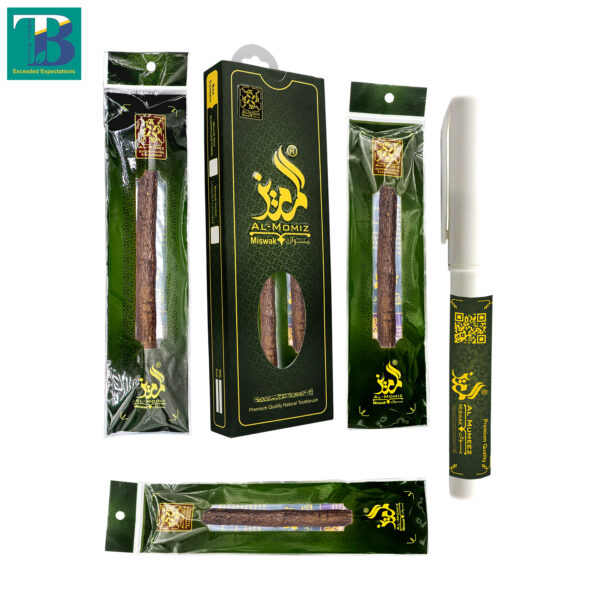 Three thick natural miswak sticks with a durable Doodiya holder for easy storage and use