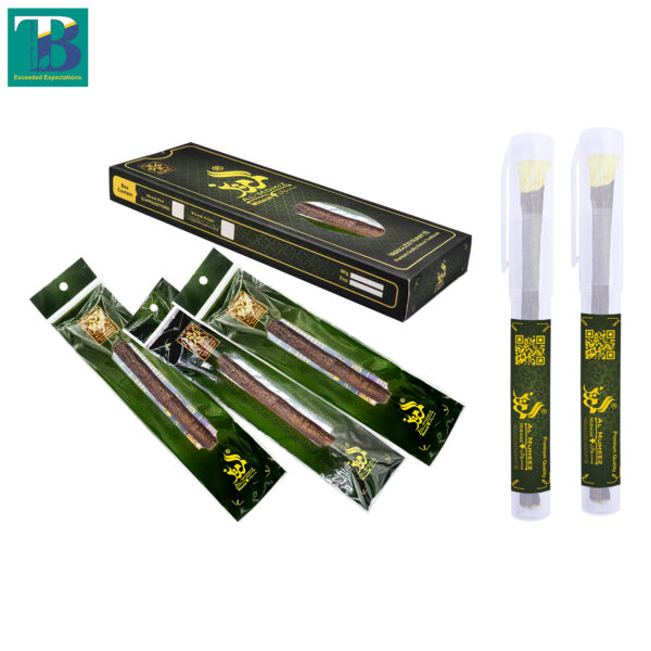 Three premium thick olive miswak sticks with two durable miswak holders for hygiene and portability.