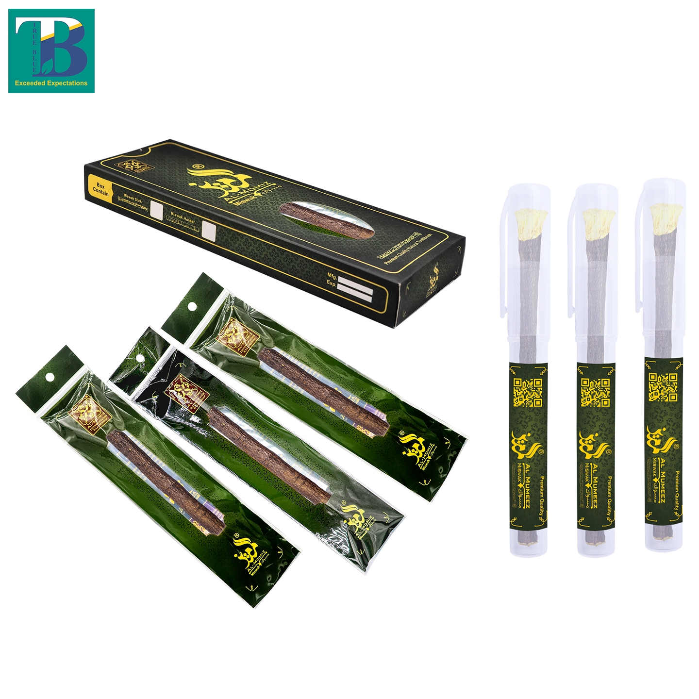 Three premium thick olive miswak sticks with three reusable hygienic holders, ideal for natural oral care and daily use.