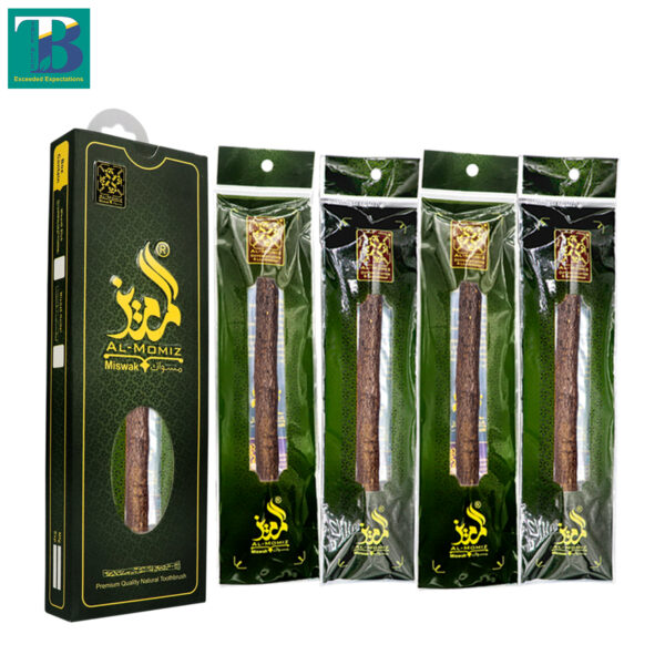 Four thick olive wood miswak sticks bundled together, natural teeth cleaning sticks made from premium olive tree branches.