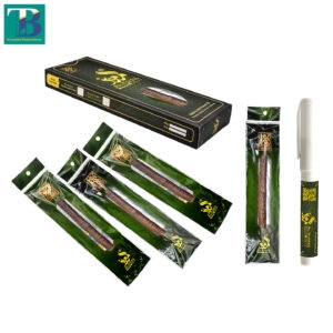 Four thick olive miswak sticks with a traditional Doodiya miswak holder for natural oral hygiene and Islamic sunnah practice.