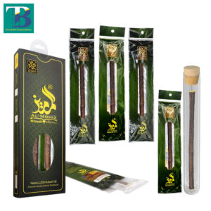 Five olive miswak sticks with an elegant glass holder for natural oral care hygiene