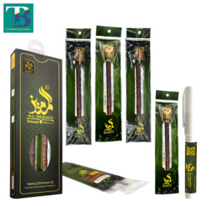 Five olive miswak sticks with a doodiya-style plastic holder for hygienic storage and easy daily use.