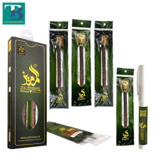 Five olive miswak sticks with a doodiya-style plastic holder for hygienic storage and easy daily use.