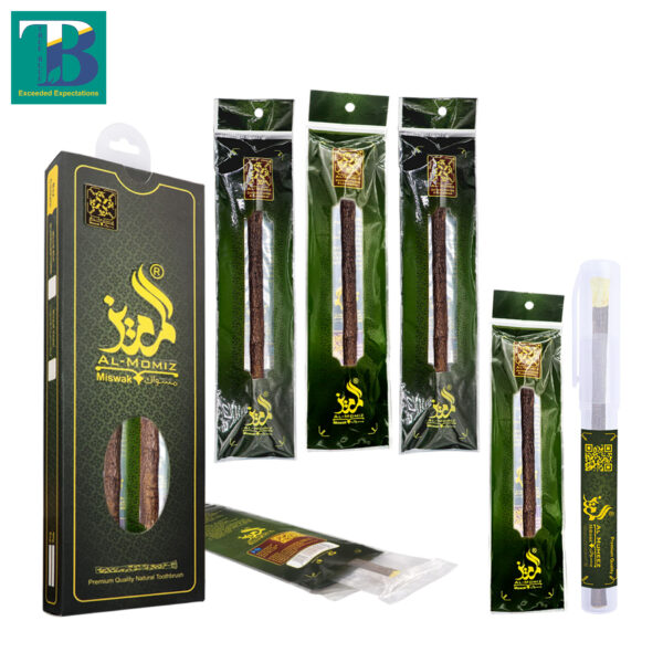 5 olive Miswak sticks with a clear plastic holder, natural toothbrush alternative for oral hygiene