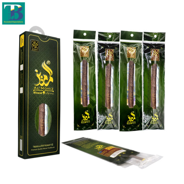 Pack of 5 thick olive wood miswak sticks for natural teeth cleaning and oral hygiene.