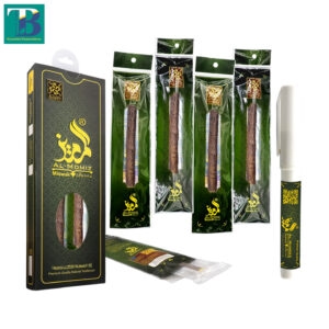 Five thick olive miswak sticks with a traditional Doodiya wooden holder for natural oral hygiene.