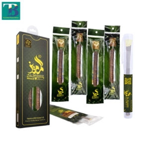 Five thick olive Miswak sticks with a durable plastic holder, ideal for natural teeth cleaning and oral hygiene.