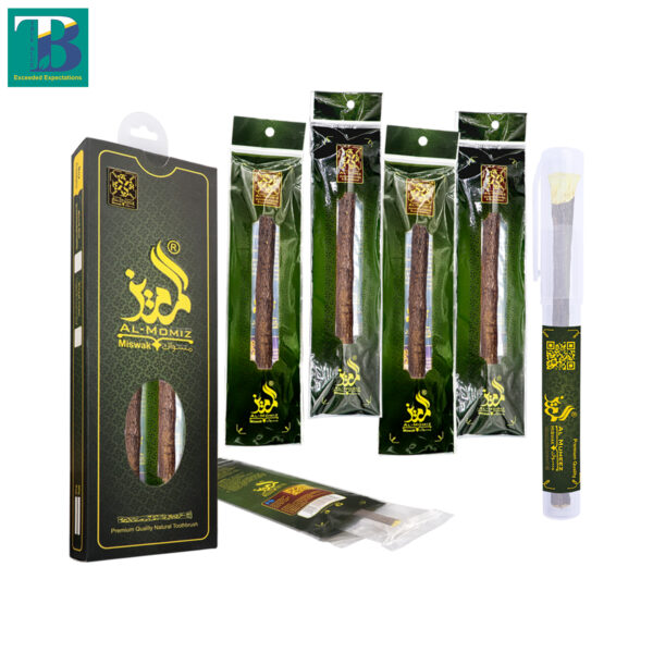 Five thick olive Miswak sticks with a durable plastic holder, ideal for natural teeth cleaning and oral hygiene.