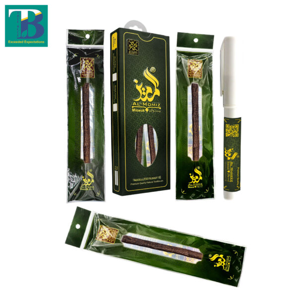 Three olive miswak sticks with Doodiya plastic holder by Al-Mumeez, natural toothbrush for oral hygiene and fresh breath
