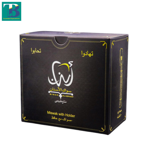 Natural Miswak stick with plastic holder in elegant black packaging – organic teeth cleaning tool for oral hygiene.
