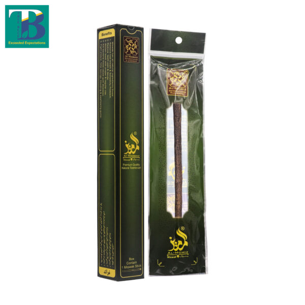Single thin olive Miswak stick in box packaging, natural oral care product on a clean background.