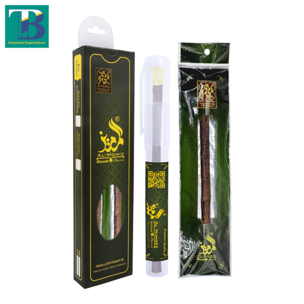 Premium olive miswak with transparent plastic holder for natural teeth cleaning and oral hygiene