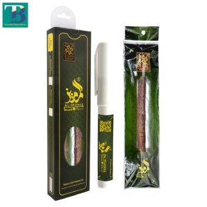 The thick Miswak stick is securely placed in a colorful Doodiya plastic holder to clean natural teeth.