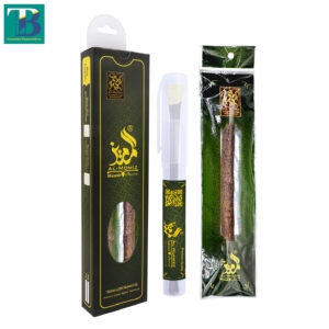 Thick miswak stick in a clear plastic holder for natural oral care.