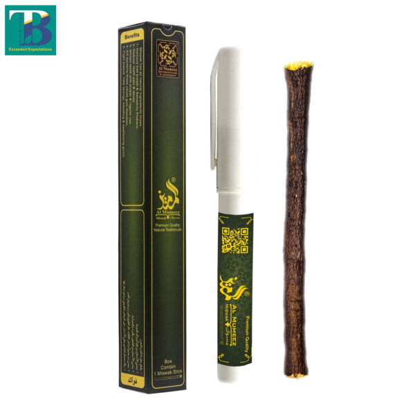 Thick olive miswak stick with a plastic holder, ideal for natural teeth cleaning and oral hygiene.