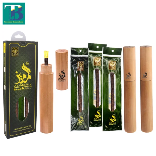 3 Olive Miswak sticks with 3 natural wood holders in box packing