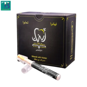 Natural Miswak stick with premium plastic holder in elegant black packaging – organic teeth cleaning tool for oral hygiene.