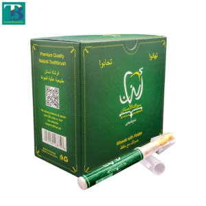 Al-Asnan Natural Miswak Stick in a green box, made from Salvadora persica for natural teeth cleaning.