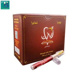 Al-Asnan 50-piece Miswak box in maroon packaging with premium natural Peelu Miswak sticks for oral hygiene.